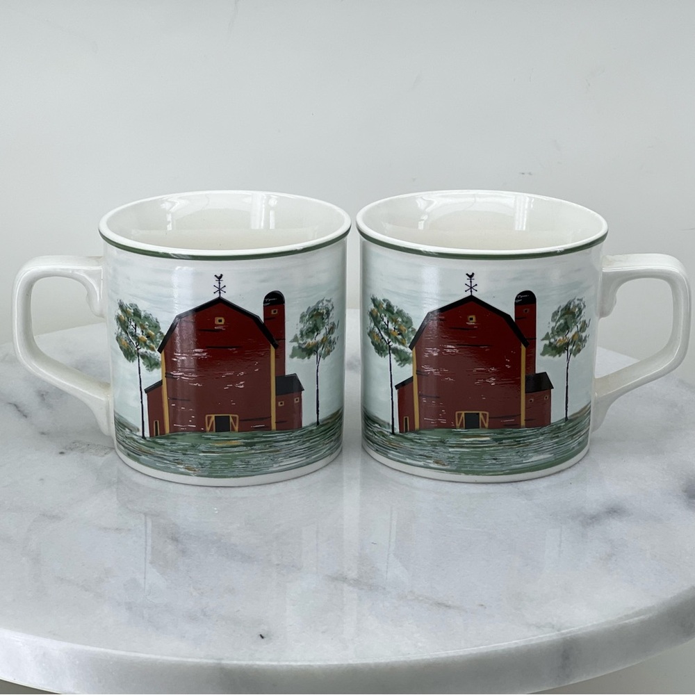 Prairie Mug Set of 2 Tienshan Stoneware Coffee Tea Red Barn Country Western
